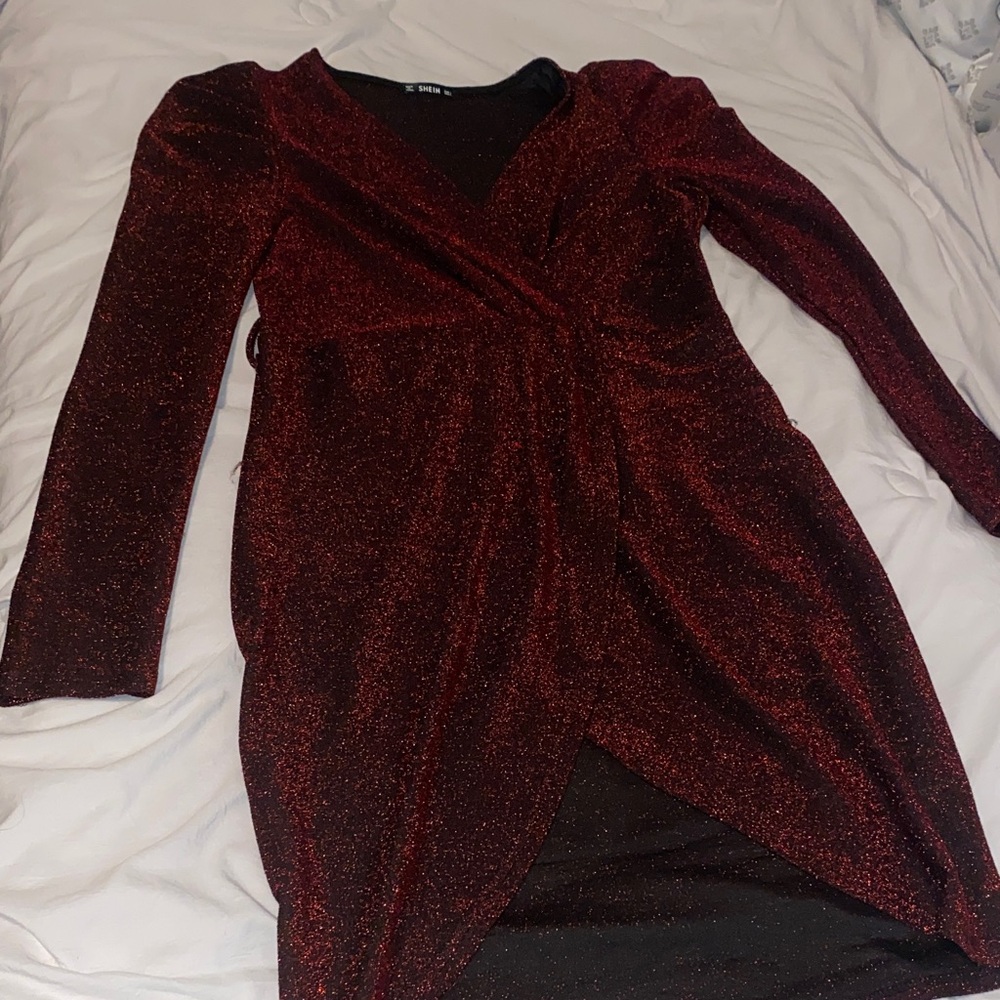 SHEIN Burgundy Glitter Long Sleeve Dress